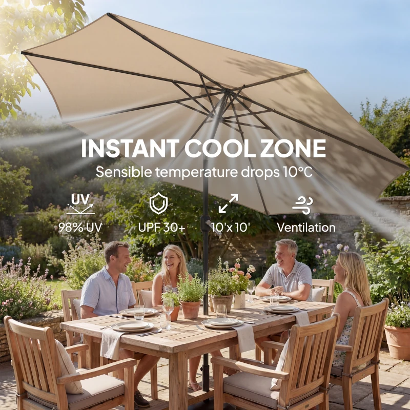 Outsunny 10' x 10' Round Market Umbrella with Base and Sandbag, Patio Umbrella with Crank Handle and Tilt, Khaki