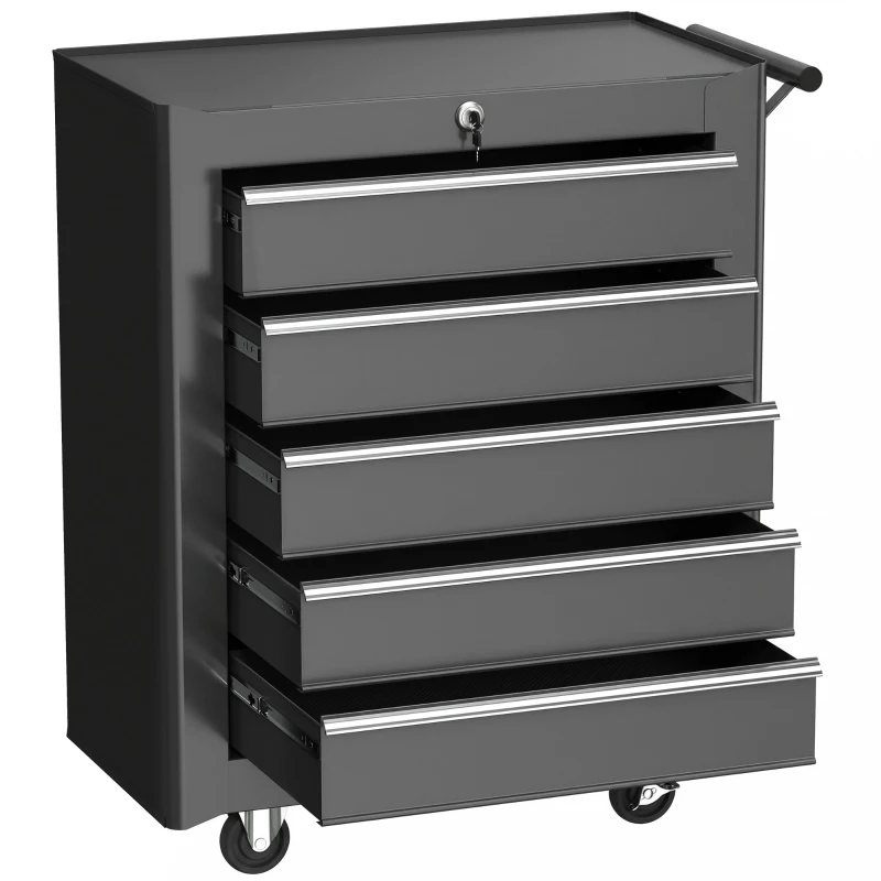 HOMCOM Rolling Tool Chest, 5-Drawer Lockable Tool Cabinet with 4 Wheels, Handle, Toolbox Storage Organizer for Garage, Workshop, Repair Shop, Black