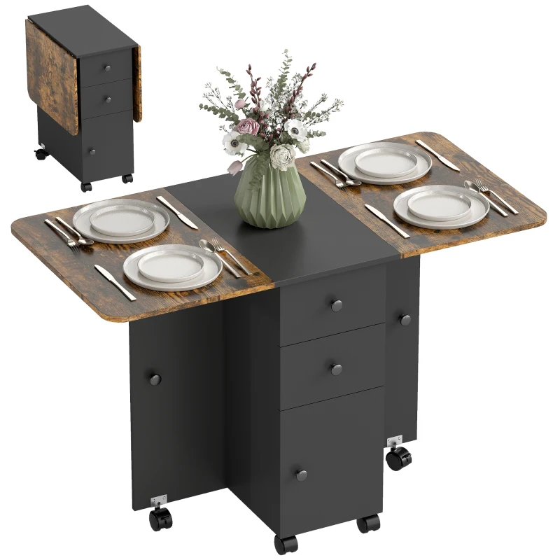 HOMCOM Drop Leaf Dining Table, Mobile Folding Table on Wheels with Drawers and Cabinet for Dining Room, Rustic Brown and Black