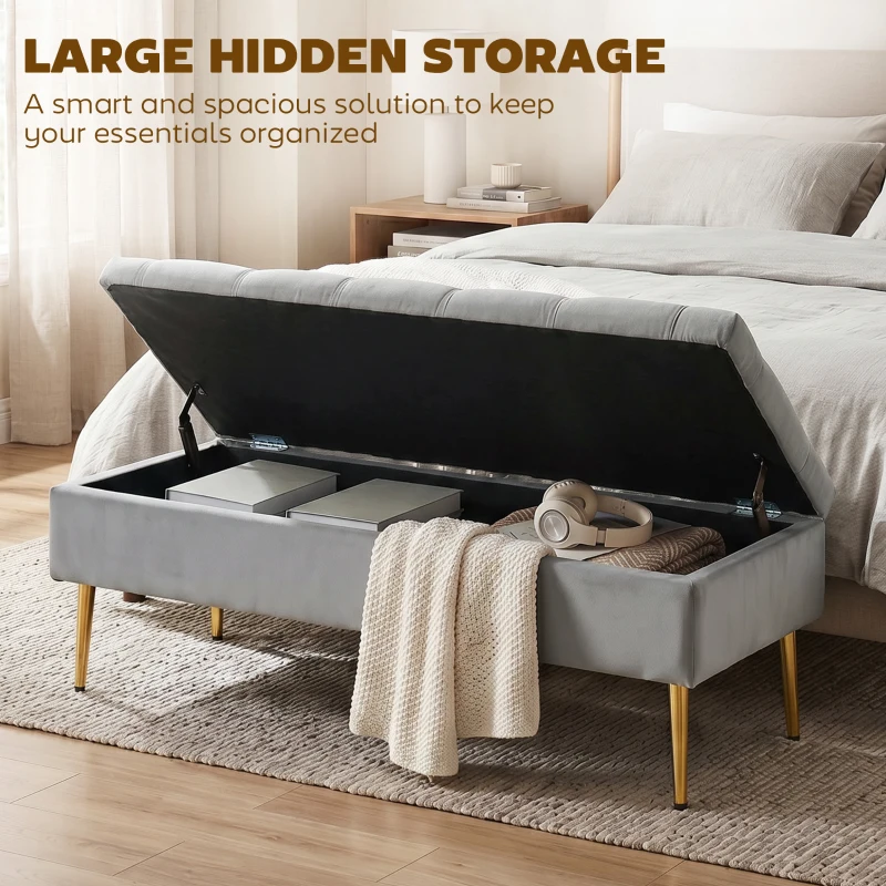 HOMCOM Upholstered Bedroom Bench with Gold Tone Metal Legs, Velvet Tufted and Thick Padding, Grey