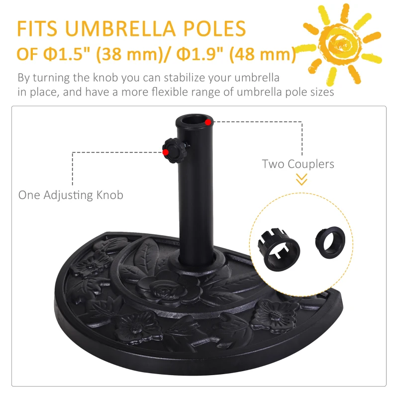 Outsunny 20 lbs Resin Half Round Patio Umbrella Base 20" Outdoor Decorative Parasol Stand Holder For Φ1.5", Φ1.9" Pole, Black