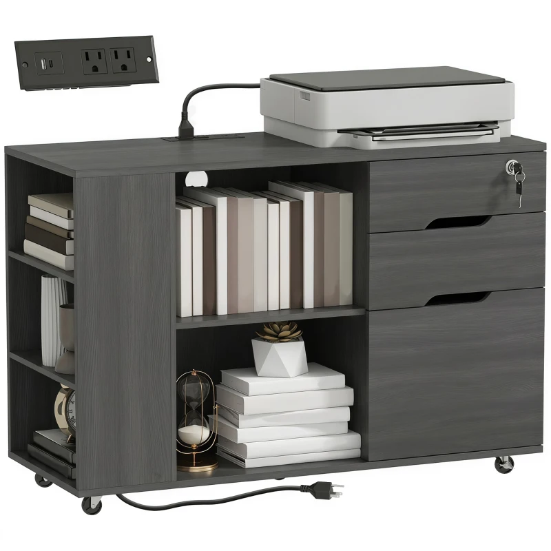 HOMCOM Filing Cabinet with Power Outlets File Cabinet Lockable Casters File Drawer Side Cubbies Black Wood Grain