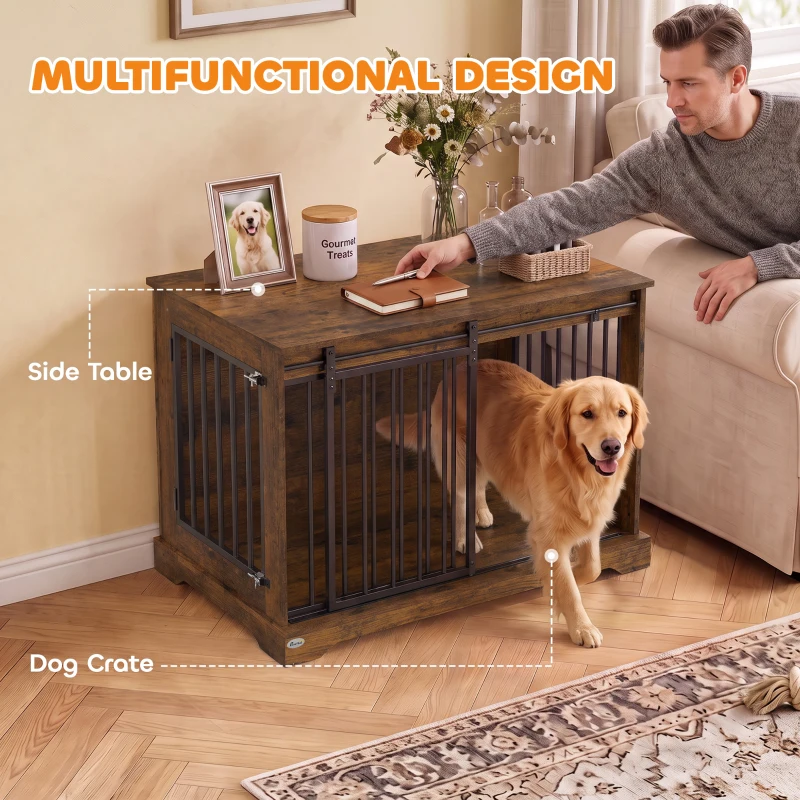 PawHut 100 cm Dog Crate Furniture with Sliding Barn Door for Large Breeds, Rustic Brown