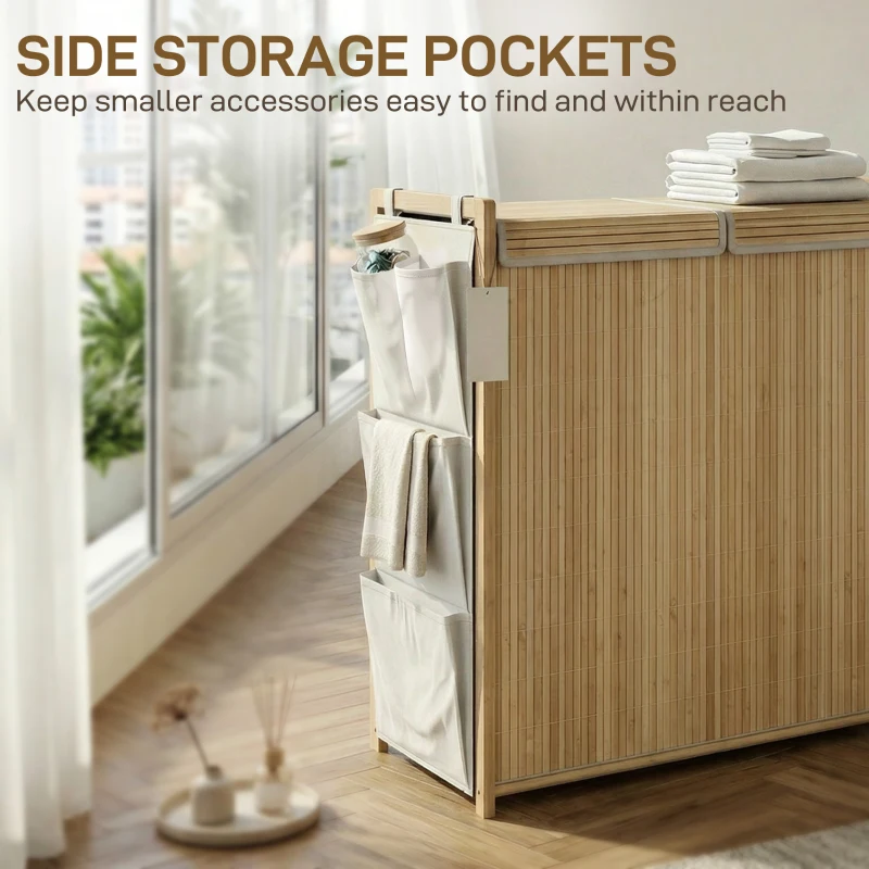 HOMCOM Bamboo Laundry Hamper with Removable Drawstring Bag and Side Storage Pockets, 32 Gal, Natural