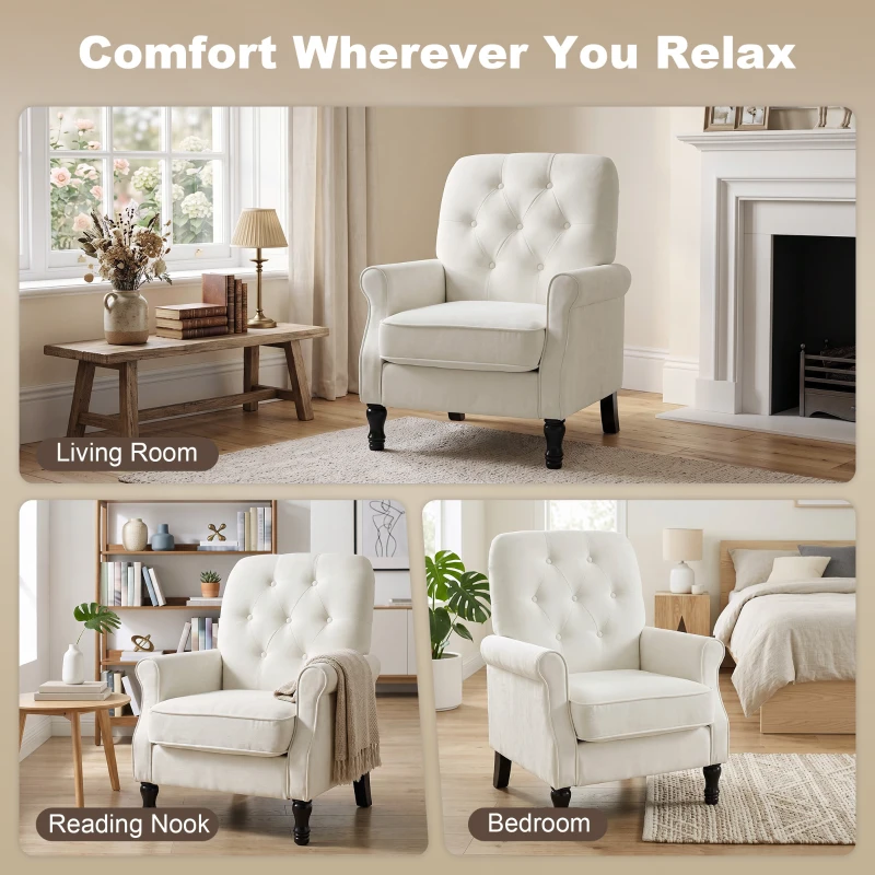 HOMCOM Accent Chair, Mid-Century Modern Armchair with Thick Padded Seat, Spring Cushion, Solid Wood Legs, Cream White