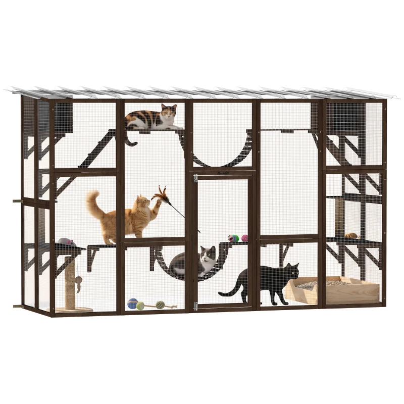 PawHut Catio Playground Cat Window Box Outside Enclosure for Multiple Cats w/ Shelves & Bridges, Coffee Brown