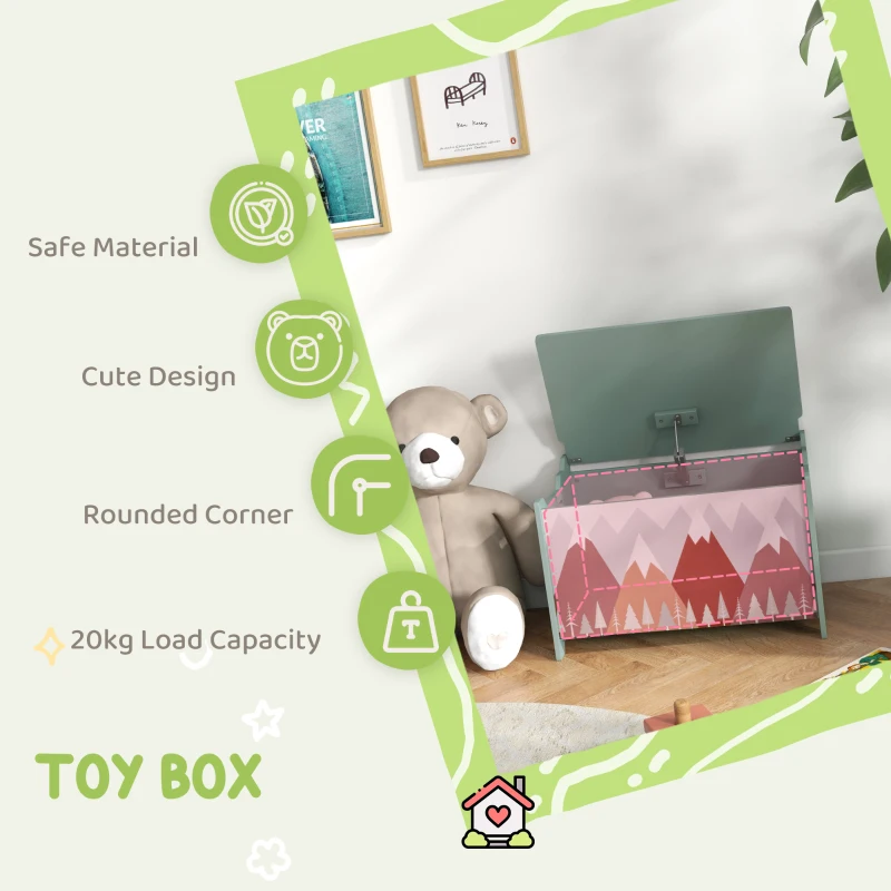 Qaba Toy Box, Kids Storage Chest with Lid, Safety Hinges and Groove Handles, Toy Storage Organizer with Mountain Pattern for Boys, Girls, Green