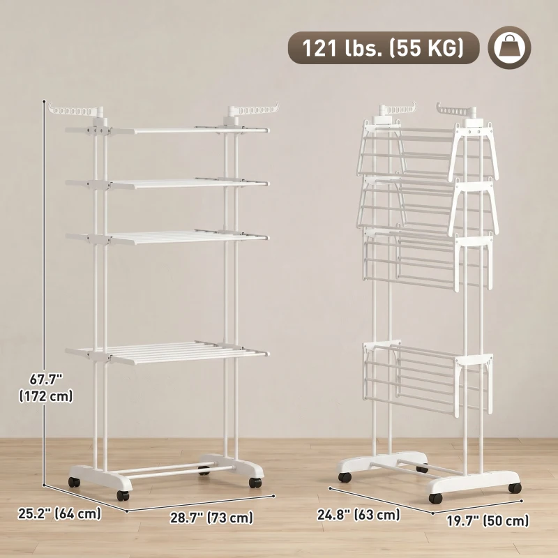 HOMCOM 5-Tier Clothes Drying Rack, Foldable Laundry Drying Rack with Wheels, Side Wings, White