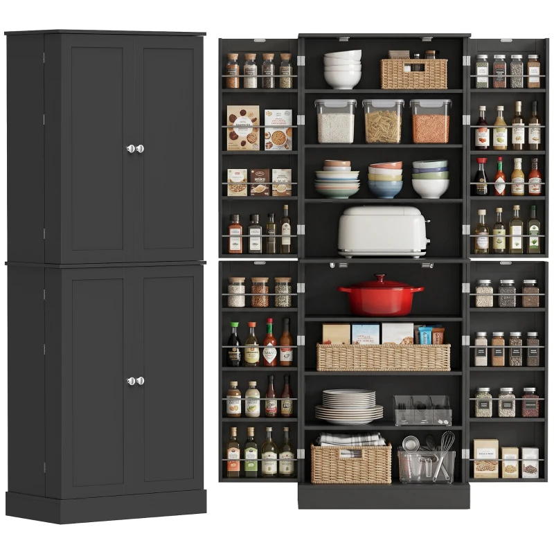 HOMCOM 65" Kitchen Cabinet, Kitchen Pantry Cabinet with 4 Doors and 16 Door Shelves for Dining Room, Black