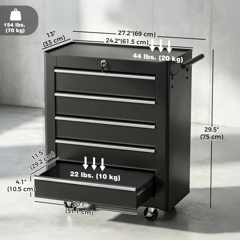 HOMCOM Rolling Tool Chest, 5-Drawer Lockable Tool Cabinet with 4 Wheels, Handle, Toolbox Storage Organizer for Garage, Workshop, Repair Shop, Black