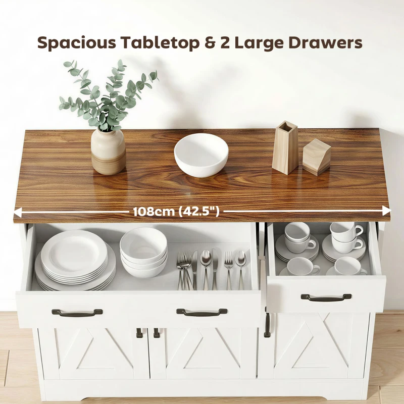 HOMCOM Sideboard Buffet Cabinet, 43" Farmhouse Kitchen Cabinet with 3 Barn Doors, 2 Drawers, 2 Adjustable Shelves, White