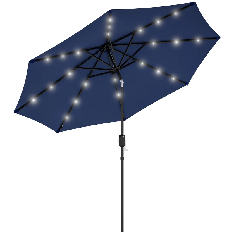 Outsunny 9ft Solar Patio Umbrella Outdoor Sunshade 24 LED Lights Tilt Canopy Navy Blue