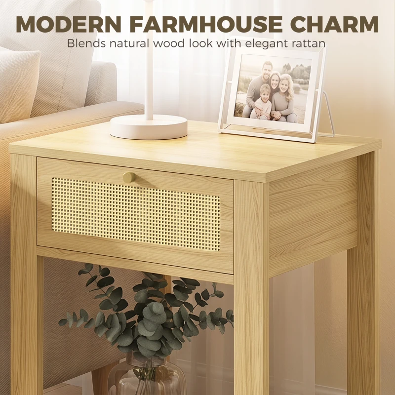 HOMCOM Boho Side Tables Set of 2, End Tables with Drawer and Open Shelf for Living Room, Natural Wood