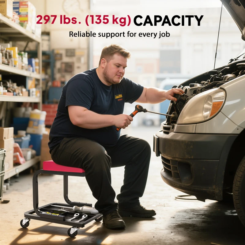 HOMCOM Rolling Mechanic Stool, 300 LBS Capacity Garage Stool with 2" Wheels, 360° Swivel Creeper Seat for Home Car Auto