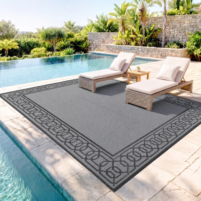 Outsunny Outdoor Rug for Patio, 9' x 12' Waterproof Large Mat, Reversible Plastic Straw Rug for Decor, Portable Outside RV Camping Area Carpet Mat for Backyard Porch Deck Picnic, Black & Gray Border
