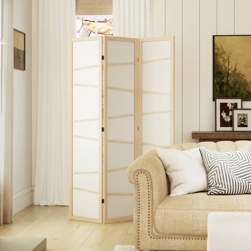 HOMCOM 66.9" Folding Room Divider, 3 Panel Wall Partition with Wood Frame for Bedroom, Home Office, Natural Wood