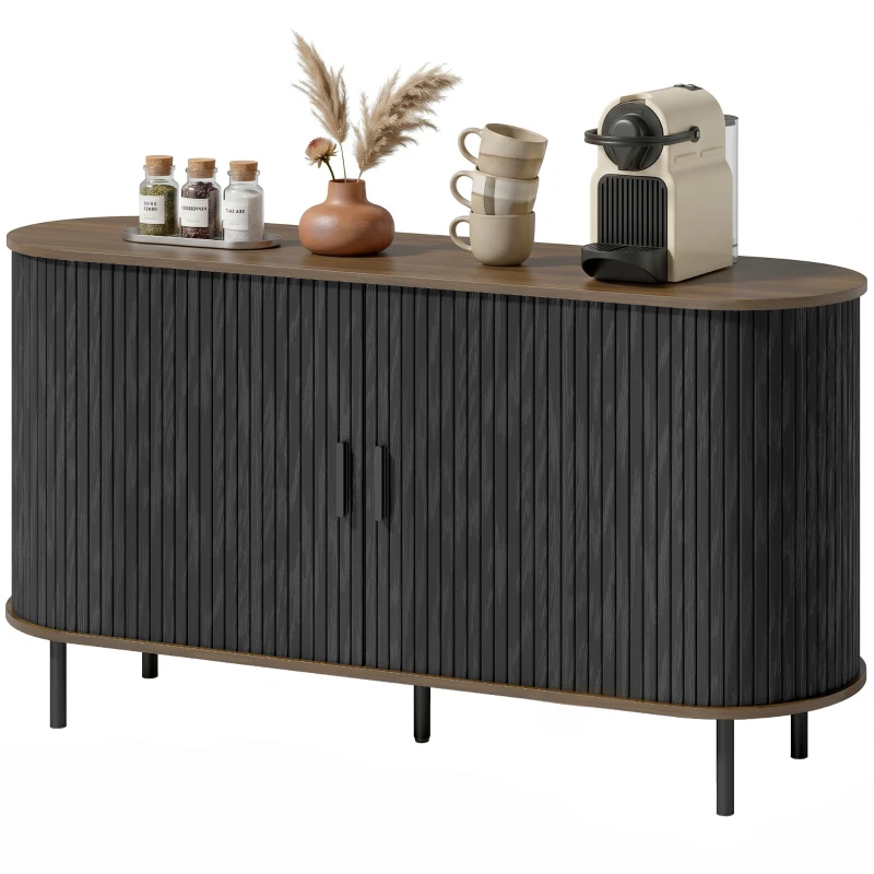 HOMCOM Fluted Sideboard Buffet Cabinet, 55" Mid Century Coffee Bar Cabinet with Sliding Doors and Adjustable Shelves, Black