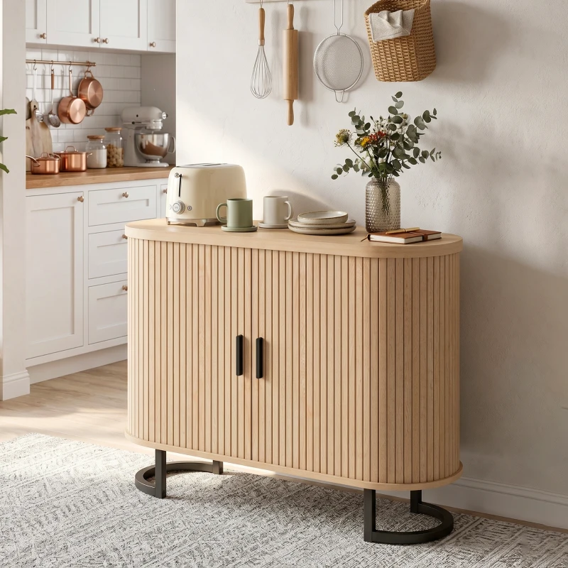 HOMCOM Sideboard Buffet Cabinet with Curved Tambour Doors, Thick Tabletop and Arc Metal Legs Natural Wood