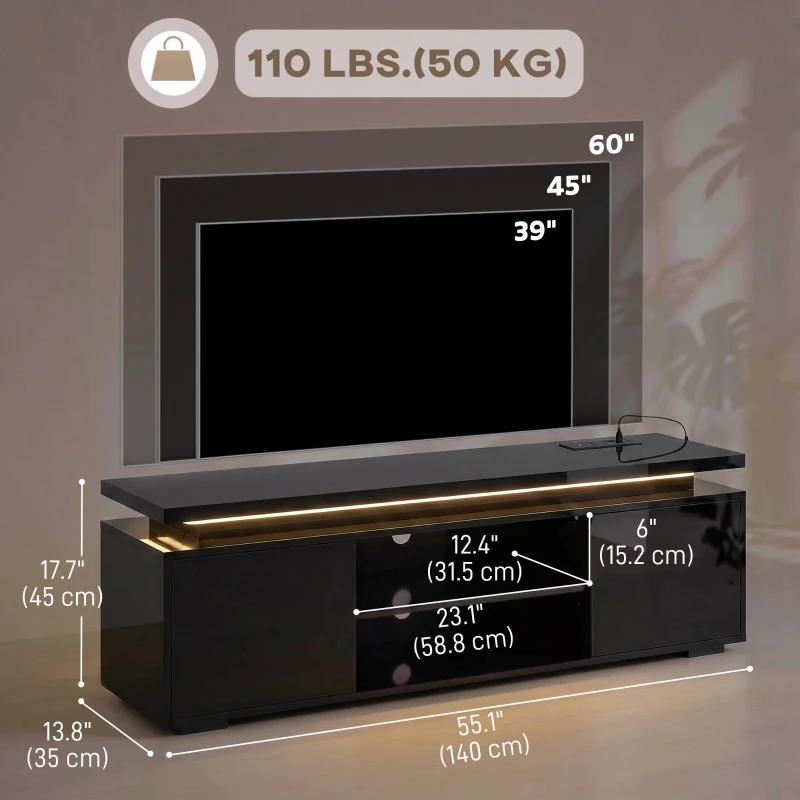 HOMCOM TV Stand for TVs up to 60 Inch, Modern Entertainment Center with LED Lights and Power Outlets, High Gloss Black