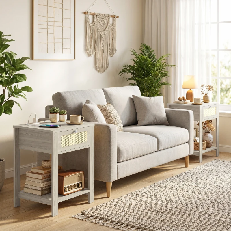 HOMCOM Boho Side Tables Set of 2 with Charging Station, End Tables with Drawer and Open Shelf for Living Room, Natural Wood