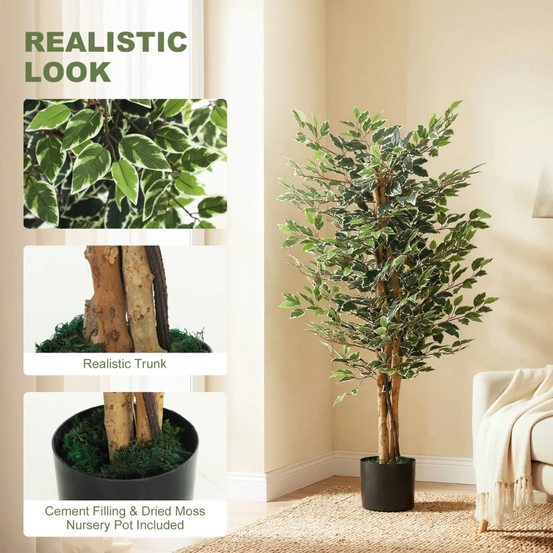 HOMCOM Artificial Tree, Fake Ficus Tree with Leaves, Faux Plant in Nursery Pot for Indoor Decoration