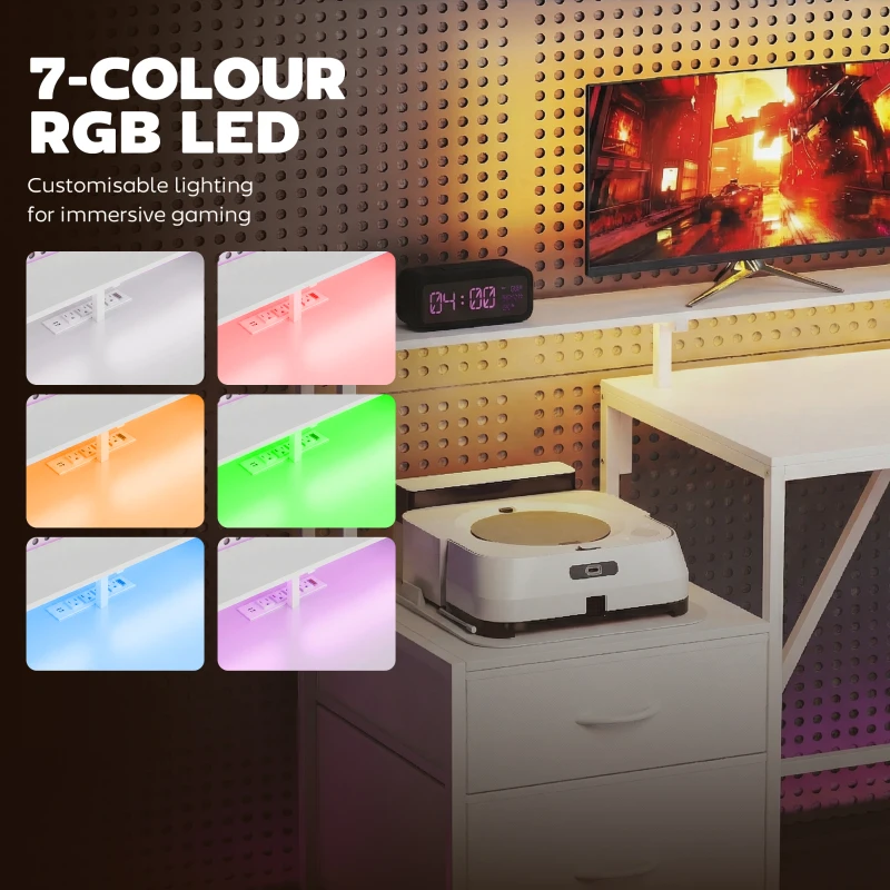 HOMCOM 76" Gaming Desk, Reversible Computer Table with RGB Lights, USB Ports, Monitor Stand and 2 Fabric Drawers, White