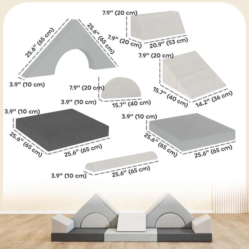 Qaba 12 PCS Modular Kids Play Couch, Child Sectional Sofa for Toddlers, Convertible Foam and Floor Cushion, Grey