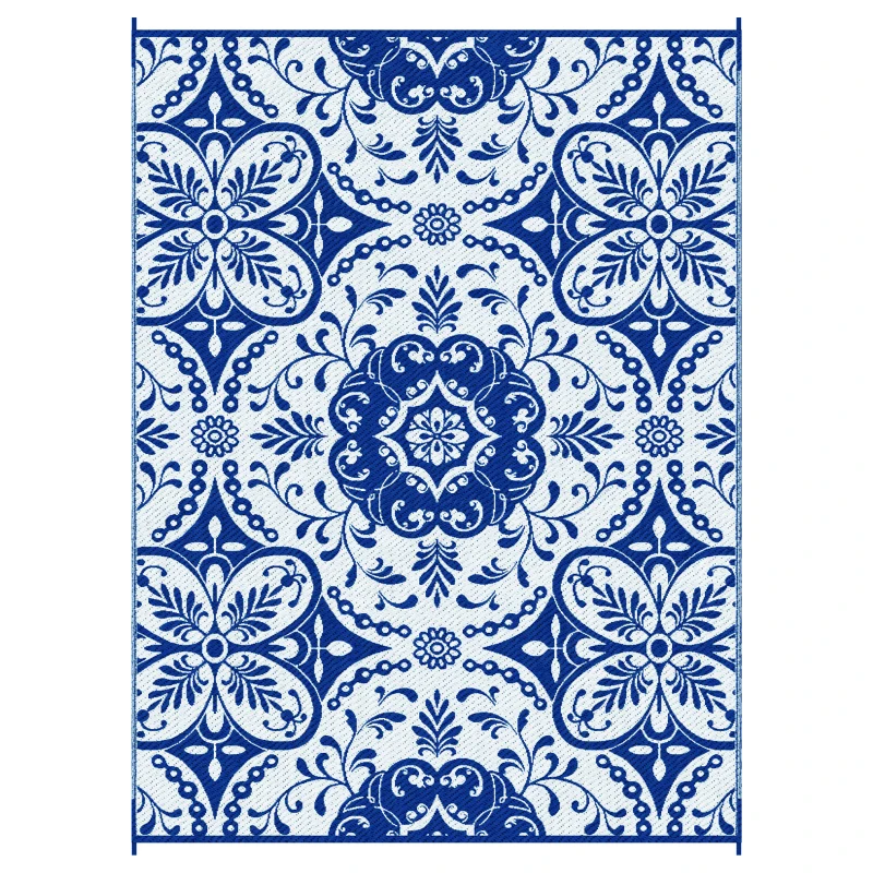 Outsunny Outdoor Rug for Patio, 9' x 12' Waterproof Large Mat, Reversible Plastic Straw Rug for Decor, Portable Outside RV Camping Area Carpet Mat for Backyard Porch Deck Picnic, Blue & White Floral