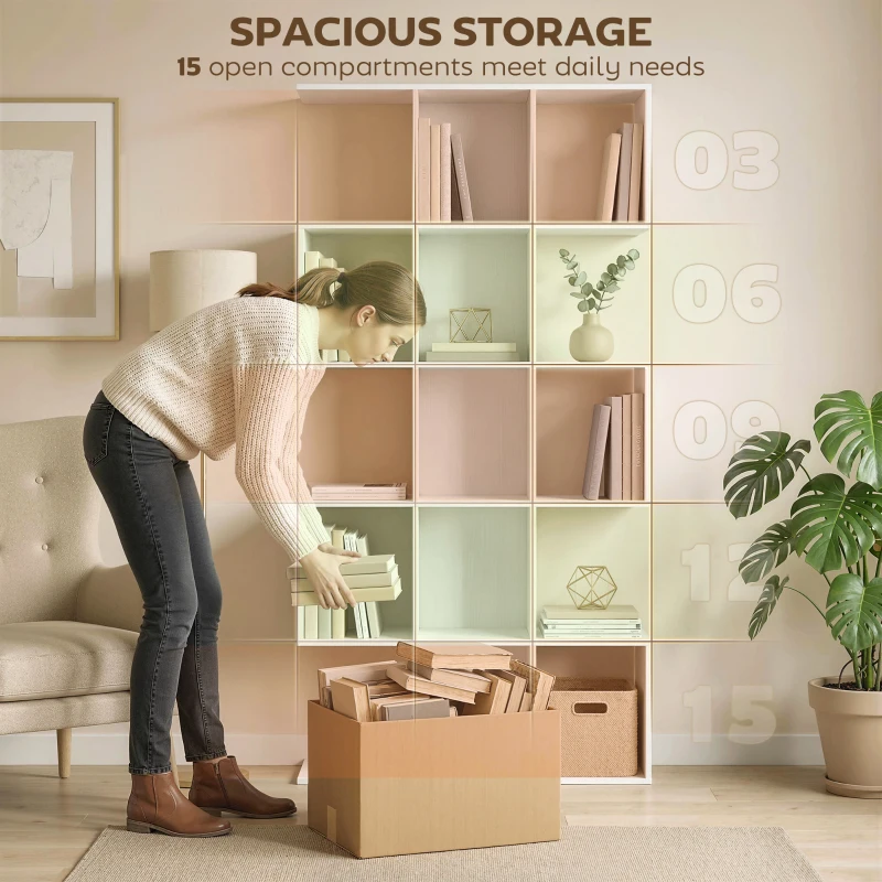 HOMCOM 5-Tier Bookshelf, S Shaped Geometric Bookcase with 15 Compartments, White Wood Grain