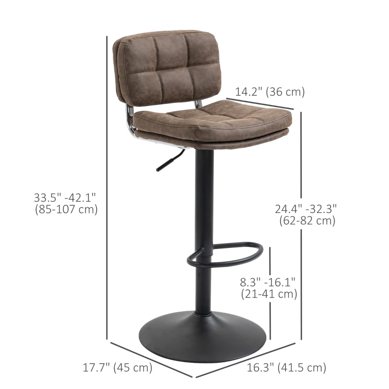 HOMCOM Bar Stools Set of 2, Swivel Counter Height Barstools with Adjustable Height, Back and Footrest, PU Leather Bar Chairs