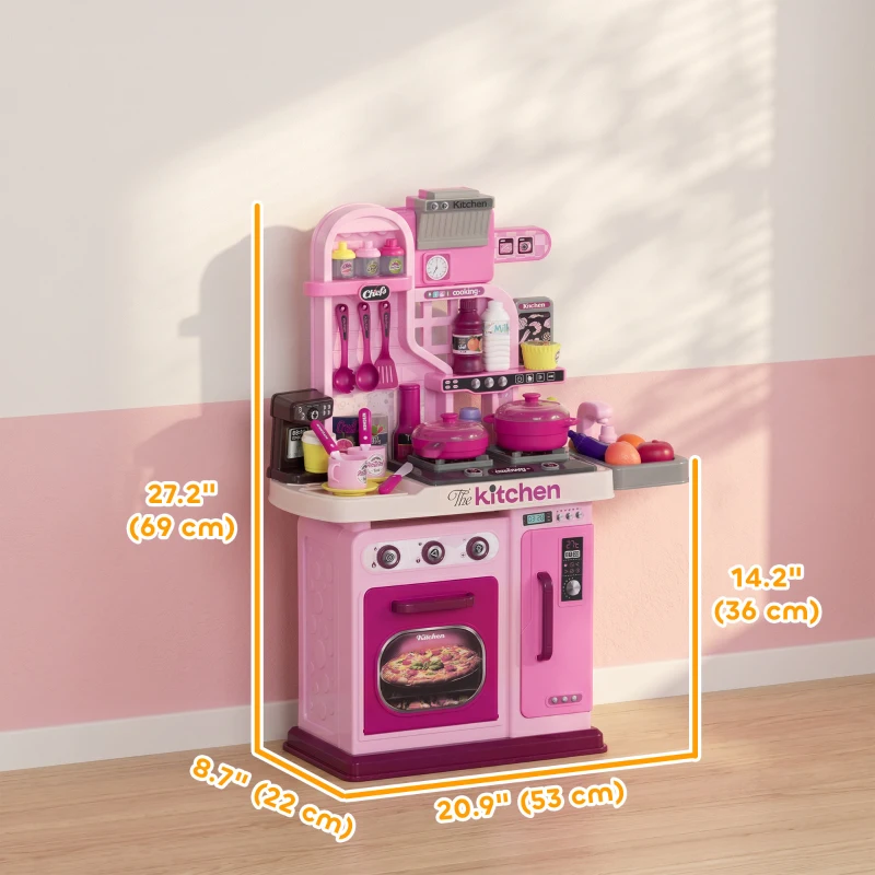 Qaba Kids Play Kitchen with Lights, Sounds, 33 Accessories & Storage for Toddler 3-6 Years