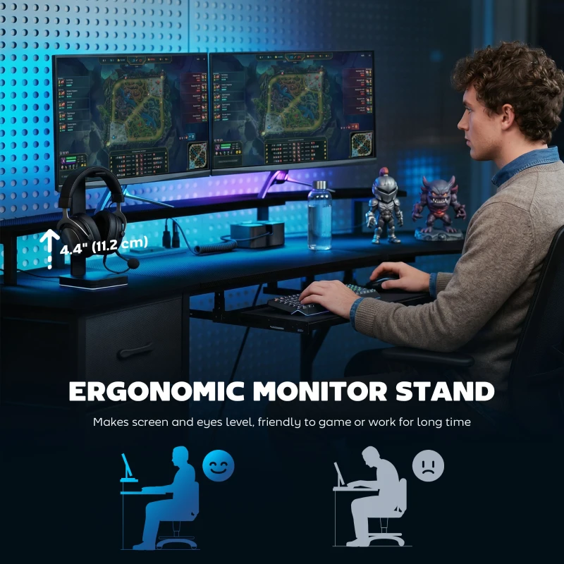 HOMCOM 79 inch Gaming Desk with RGB Lights, Computer Table with Power Outlets & USB Ports, Keyboard Tray and 2 Drawers, Black