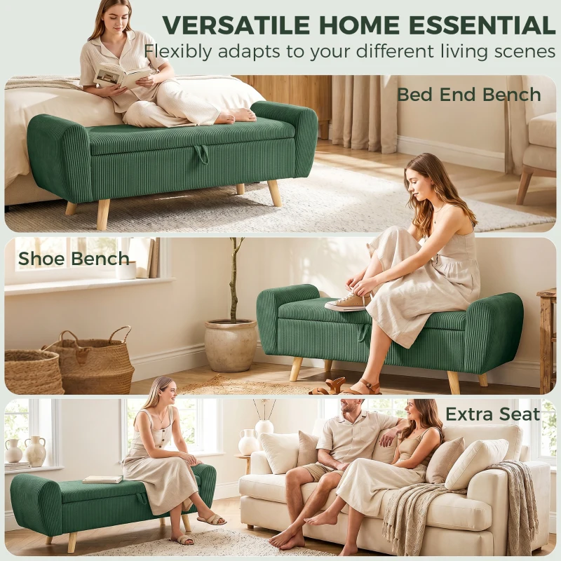 HOMCOM Storage Ottoman, 59" Corduroy End of Bed Storage Bench for King Size Bed with Wooden Legs and Rolled Arms, Dark Green