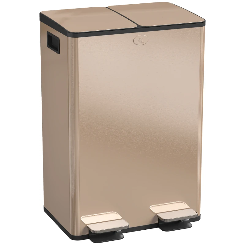 HOMCOM Garbage Bin, Soft-Close Trash Can with Foot Pedal, 2x7.4 Gal (2x28 L) Garbage Can with Removable Inner Buckets, SGold