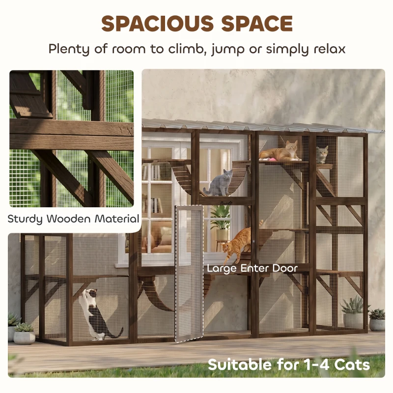 PawHut Catio Playground Cat Window Box Outside Enclosure for Multiple Cats w/ Shelves & Bridges, Coffee Brown