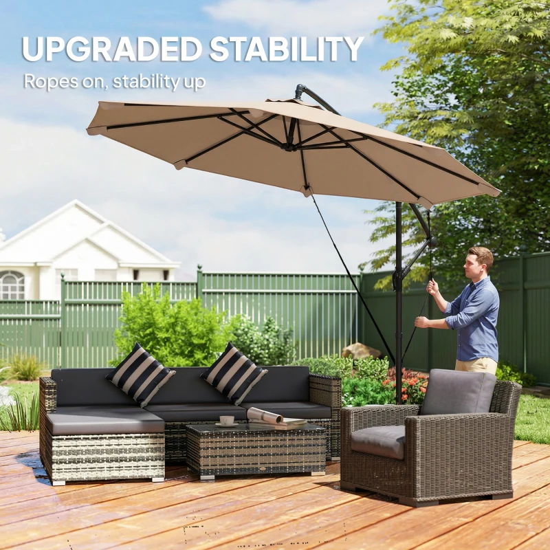 Outsunny 10FT Cantilever Patio Umbrella with 8 Ribs, Offset Patio Umbrella with Cover and Wind Ropes for Garden, Yard, Khaki