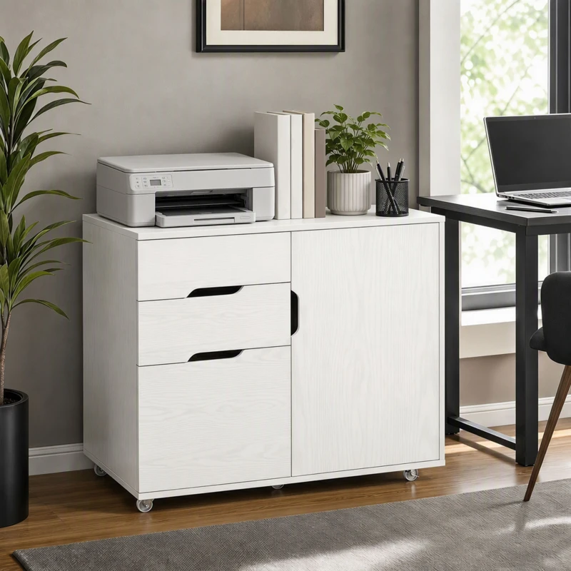 HOMCOM Filing Cabinet with File Drawer File Cabinet with Adjustable Shelf and 3 Drawers White