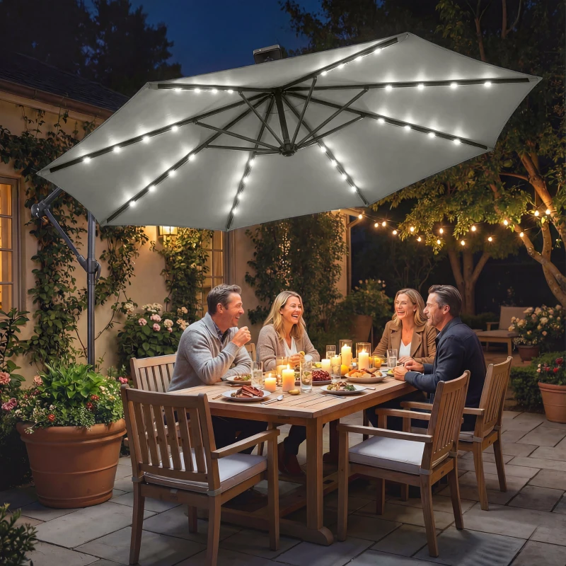 Outsunny 9.7 ft Cantilever Patio Umbrella with Solar Light, Garden Hanging Parasol with Cover, Tilt, Crank, Grey