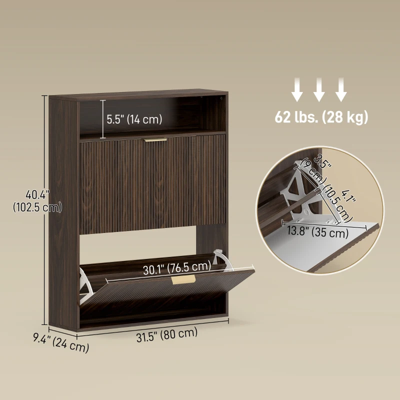 HOMCOM Shoe Cabinet with 2 Flip Drawers Narrow Shoe Storage Cabinet with Top Shelf for Entryway Hallway Coffee