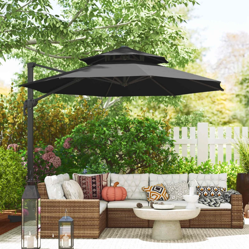 Outsunny 11ft Outdoor Cantilever Umbrella Rotatable Sun Shade Aluminum Market Umbrella with Adjustable Angle & Double-top Canopy for Backyard, Poolside, Lawn and Garden Dark Grey