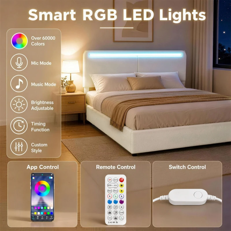 HOMCOM Queen Size Bed Frame with Charging Station, LED Lights, Adjustable Headboard, Upholstered Platform Bed Frame White