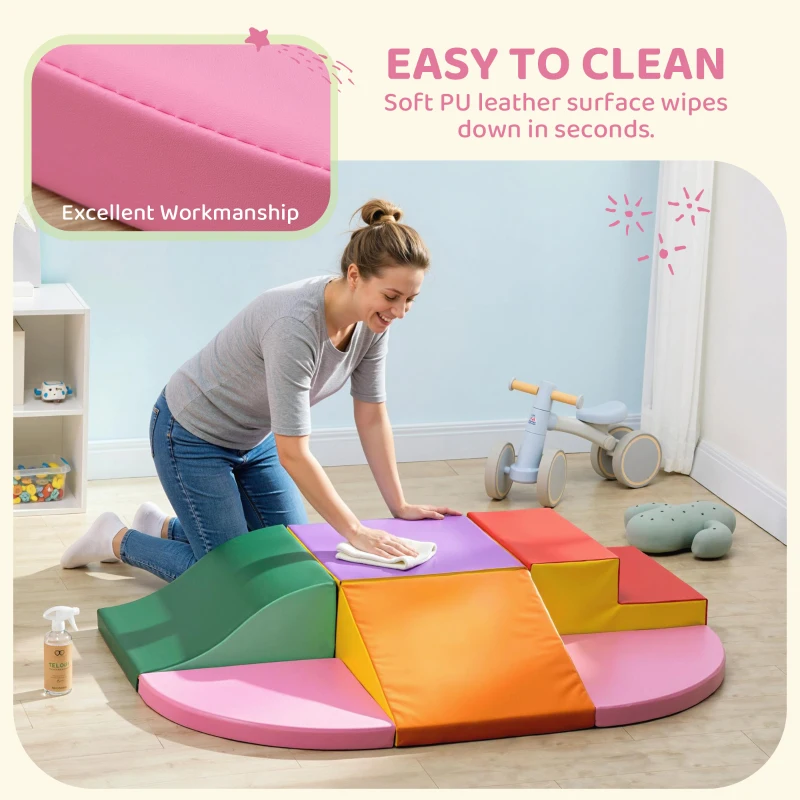 Qaba 6-Piece Soft Play for 12-36 Months Toddlers to Climb, Crawl, Slide, Red, Pink