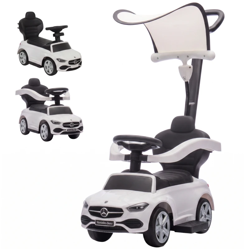 Qaba 3 in 1 Toddler Push Car Licensed Mercedes-Benz with Push Handle, Canopy, Guardrails, Horn, Music for 18-36 Months, White