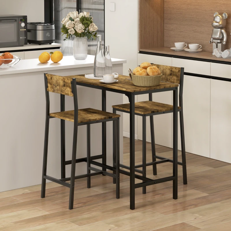 HOMCOM Industrial Bar Table Set Counter Height 3 Piece and 2 High Back Stools Set Dining Table Set Rustic Brown