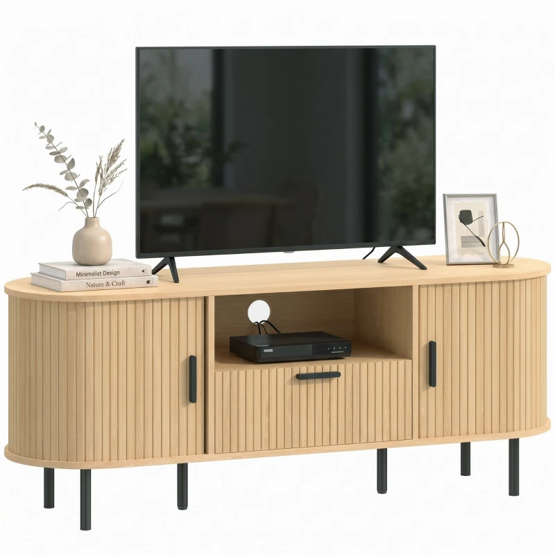 HOMCOM TV Stand for TVs up to 60", Modern Entertainment Center with Curved Sliding Doors and Storage, Natural Wood