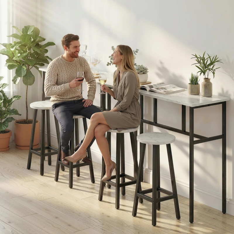 HOMCOM Bar Table Set of 6, Bar Table and Stools for 4, 2 Breakfast Tables and 4 Stools for Living Room, White Marble