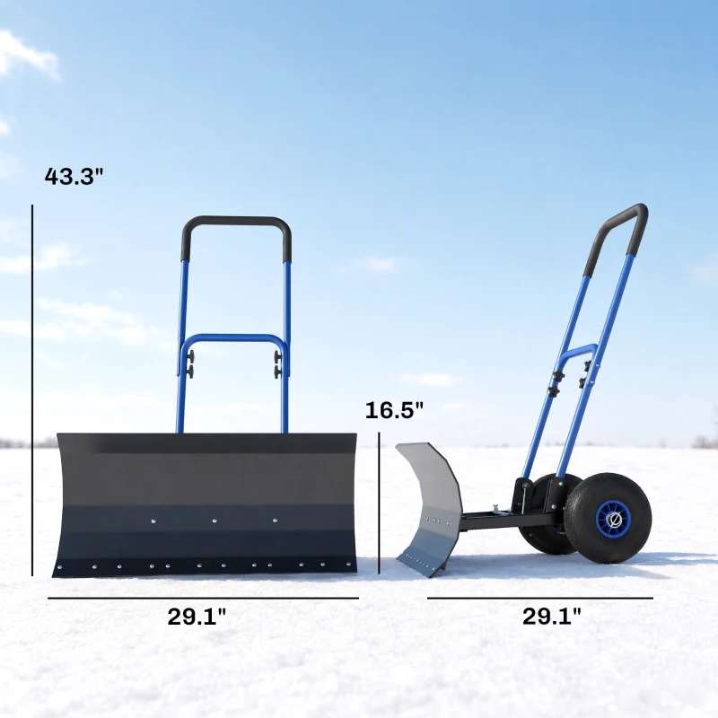 Outsunny Snow Shovel with Wheels, 29" x 16.5" Metal Snow Pusher with Adjustable Handle, 5-Angle Blade for Driveway, Blue