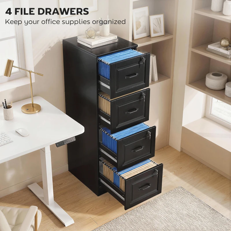HOMCOM 4 Drawer File Cabinet with Lock, Vertical Filing Cabinet with Adjustable Hanging Bars for A4 and Letter Size, Black