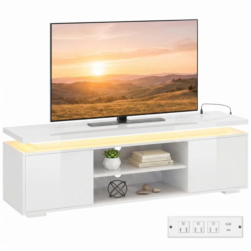 HOMCOM TV Stand for TVs up to 60 Inch, Modern Entertainment Center with LED Lights and Power Outlets, High Gloss White