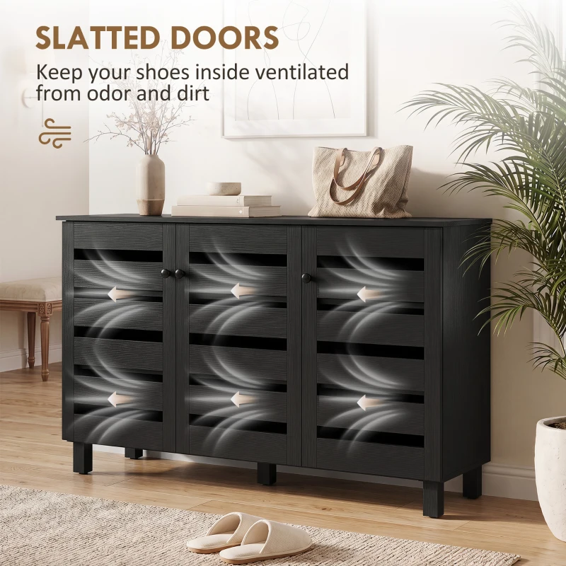 HOMCOM Shoe Cabinet with 3 Slatted Doors, 3-tier Shelving Rack Cabinet with Adjustable Shelves for 15 Pairs of Shoes, Black